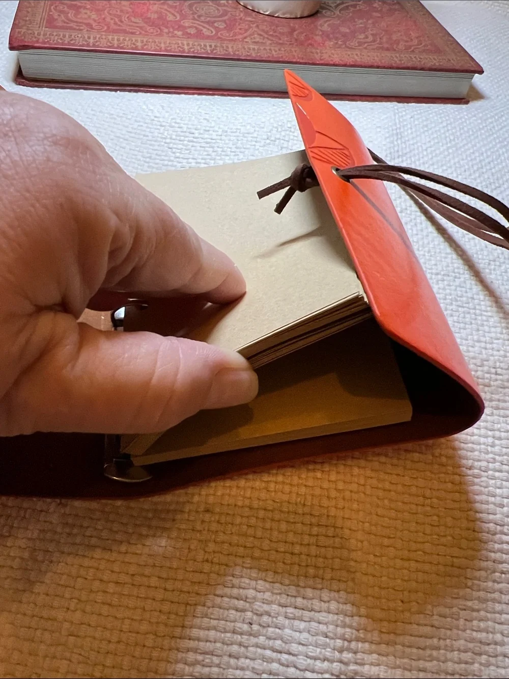 Handcrafted Orange Leather Leaf-Embossed Journal with Leaf Charm